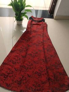 Elegant rust Brocade Dress with Embellished Neckli