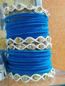 Blue Velvet Bangles with White Embellishments
