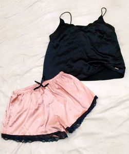 Satin Pajama Set - Black Top &amp; Pink Shorts
