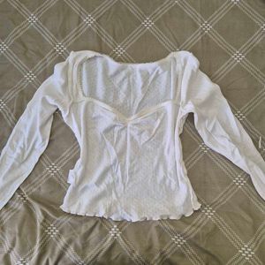 Off-White Pointelle Knit Long Sleeve Top with Lace