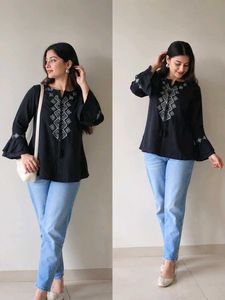 Embroidered Black Kurta Tunic Top