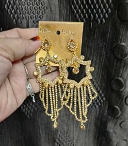 Gold Plated Stone Studded Long Dangler Earrings