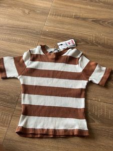 Brown & White Striped Ribbed Top
