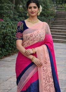Stunning Pink & Blue Embroidered Saree with Design