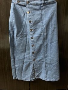 Light Wash Denim Button-Front Midi Skirt