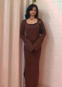 Brown Ribbed Bell Sleeve Maxi Dress