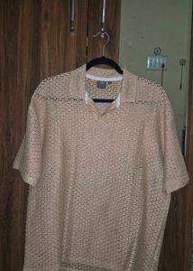 Unisex Beige Crochet Button-Up Top