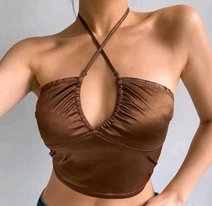 Chic Brown Ruched Halter Top