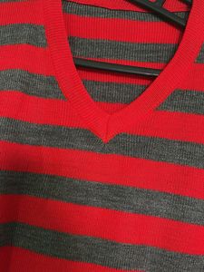 Red &amp; Grey Striped V-Neck Sweater