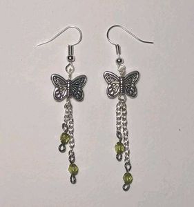 Butterfly Dangle Earrings with Green Beads