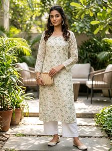 PRINTED FLORAL OFF-WHITE KURTA