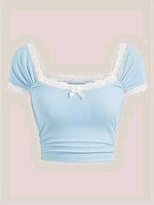 Cute Blue Ribbed Crop Top with Lace Trim