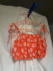 Orange Floral Cotton Tie-Strap Crop Top