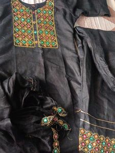 Black Kurta Set with Embellished Neckline