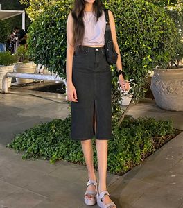 Chic Denim Midi Skirt with Slit