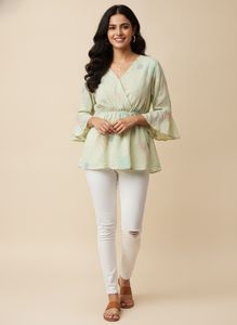 Light Green Embroidered Bell Sleeve Top