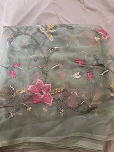 Green Floral Organza Saree - multicolor flowers