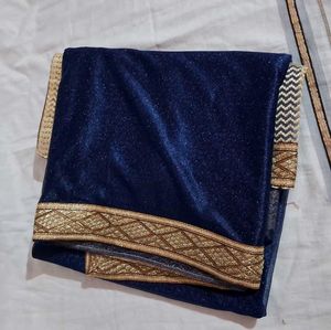 Elegant Navy &amp; Gold Saree With Stitched Blouse