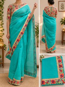 Beautiful Teal Saree with Floral Border