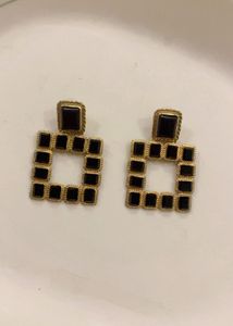 New Gold Square Black Stone Earrings