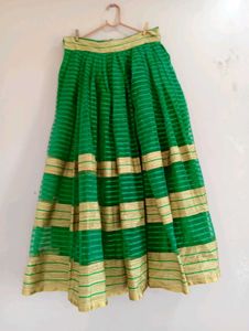 Vibrant Green Ethnic Skirt with Gold Stripes