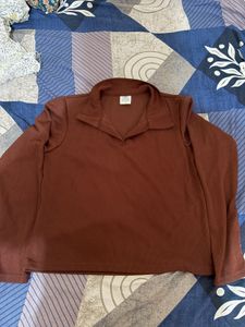 Ribbed Collared Long Sleeve Top