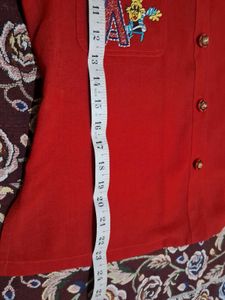 Red Button-Up Top with Cute Embroidery