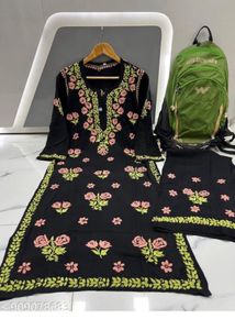 Black Kurta Set with Pink Floral Embroidery