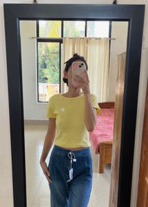 Cute Yellow Ribbed T-Shirt with Heart Applique
