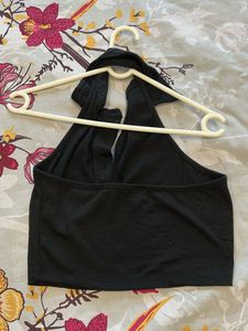 Black Ribbed Halter Neck Crop Top