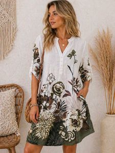 AND Floral Print V-Neck Linen Dress