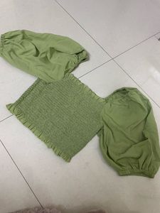 Chic Green Smocked Puff Sleeve Top