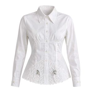Elegant White Button-Down Shirt with Lace D