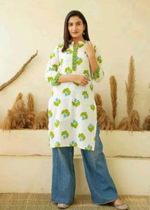 Elegant White Kurta with Green Print