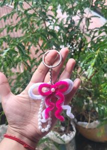 Pink & White Bow Handmade Keychain with Pearls