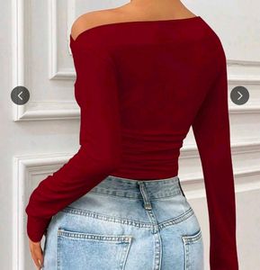 Burgundy One-Shoulder Long Sleeve Top