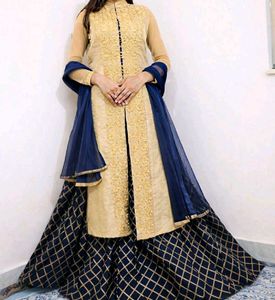 cotton silk Gold & Navy Blue Lehenga Set
