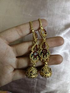 Exquisite Gold &amp; Red Stone Jhumka Earrings
