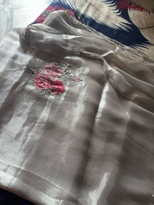 Elegant Grey Saree with Floral Embroidery