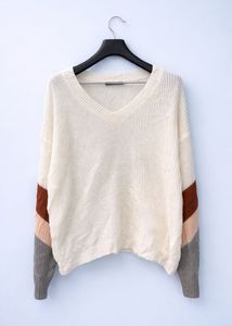 Cream V-Neck Color Block Sweater