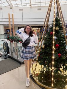 Blue Plaid Skirt with Chain Detail