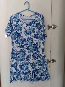 Blue Floral Print Ruffle Dress