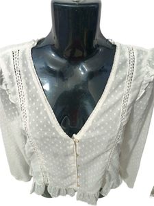 Zara White Ruffled Swiss Dot Shirt Top S/M