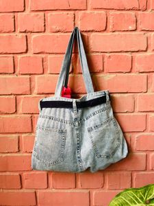 Unique Denim Tote Bag with Pom-Pom