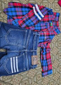 Benetton Plaid Shirt &amp; Denim Shorts Set