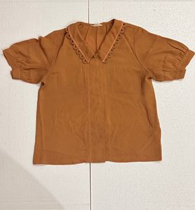 Chic Collared Brick red Blouse with Lace Trim