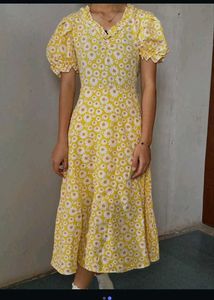 Yellow Floral Puff Sleeve Midi Dress