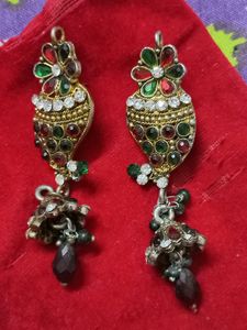 Earrings Stone Work Jewellery Red And Green Combin