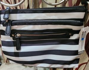 Black And White Striped Imported Sling Bag