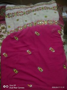 Pink &amp; White Embroidered Saree